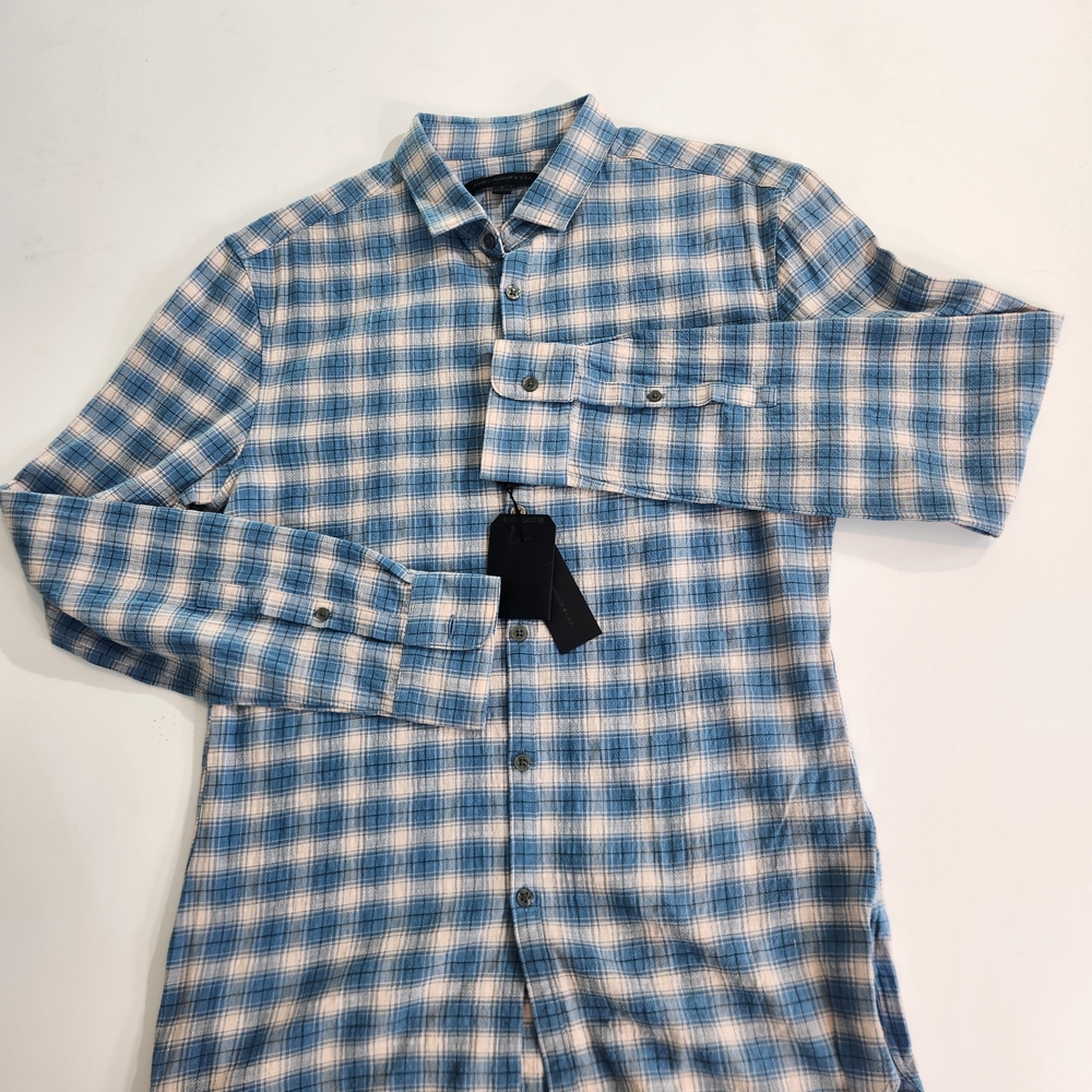 John Varvatos Men's Shirt Size S  Long Sleeves Plaid Blue Button Up Cotton 01